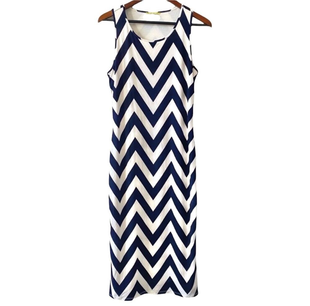 GIANNI BINI Chevron Print Midi Dress Navy White Sleeveless Size Small Summer